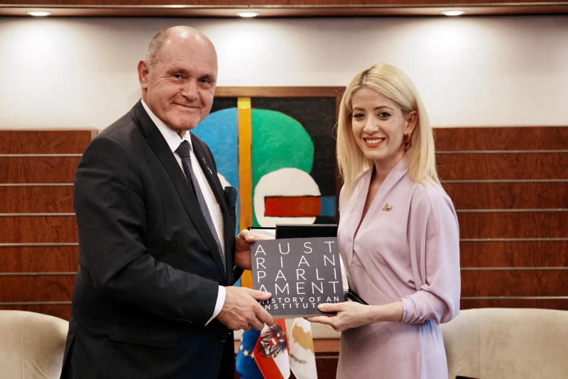 Geschenkübergabe. Nationalratspräsident Sobotka (ÖVP), President of the House of Representatives Annita Demetriou