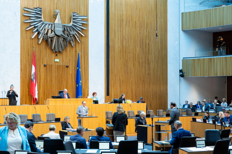 Anfragebeantwortung durch Gesundheitsminister Johannes Rauch (GRÜNE) am Redner:innenpult. Blick Richtung Sitzungsteilnehmer:innen