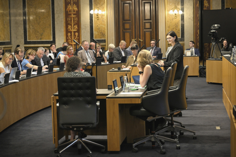 Am Redner:innenpult: Bundesrätin Manuela-Anna Sumah-Vospernik (NEOS). Blick Richtung Sitzungsteilnehmer:innen