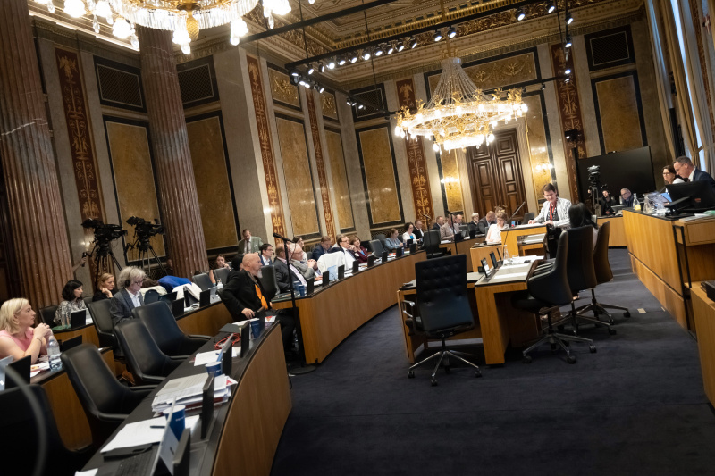 Am Redner:innenpult Bundesrätin Elisabeth Grimling (SPÖ). Am Präsidium Bundesratsvizepräsident Dominik Reisinger (SPÖ). Auf der Regierungsbank Staatssekretärin im Bundesministerium für Kunst, Kultur, Öffentlicher Dienst und Sport Andrea Mayer (GRÜNE). Blick Richtung Sitzungsteilnehmer:innen