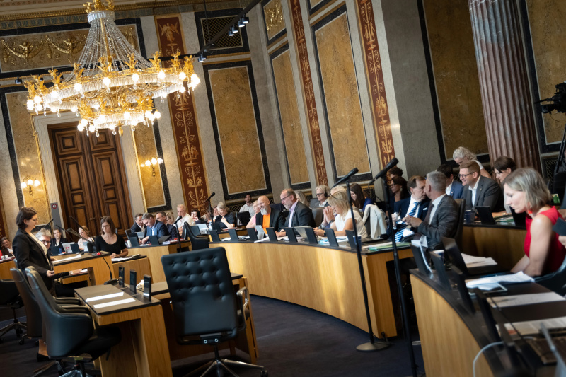 Am Redner:innenpult Bundesrätin Manuela-Anna Sumah-Vospernik (NEOS). Blick Richtung Sitzungsteilnehmer:innen