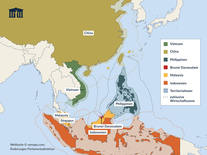 Darstellung der Gebietsansprüche im Südchinesischen Meer, Quelle: Asia Maritime Transparency Initiative. „Maritime Claims Of The Indo-Pacific“. Abgerufen am 20. August 2024. https://amti.csis.org/maritime-claims-map/