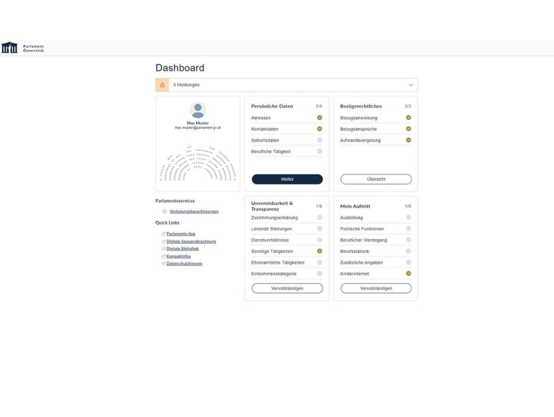 Dashboard der Anmeldestrecke zur Erfassung in ZAPP
