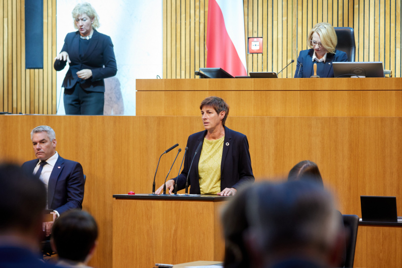 Am Redner:innenpult Nationalratsabgeordnete Astrid Rössler (GRÜNE)