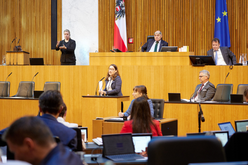 Am Redner:innenpult Nationalratsabgeordnete Julia Elisabeth Herr (SPÖ)