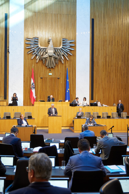 Am Redner:innenpult Nationalratsabgeordneter Maximilian Linder (FPÖ)