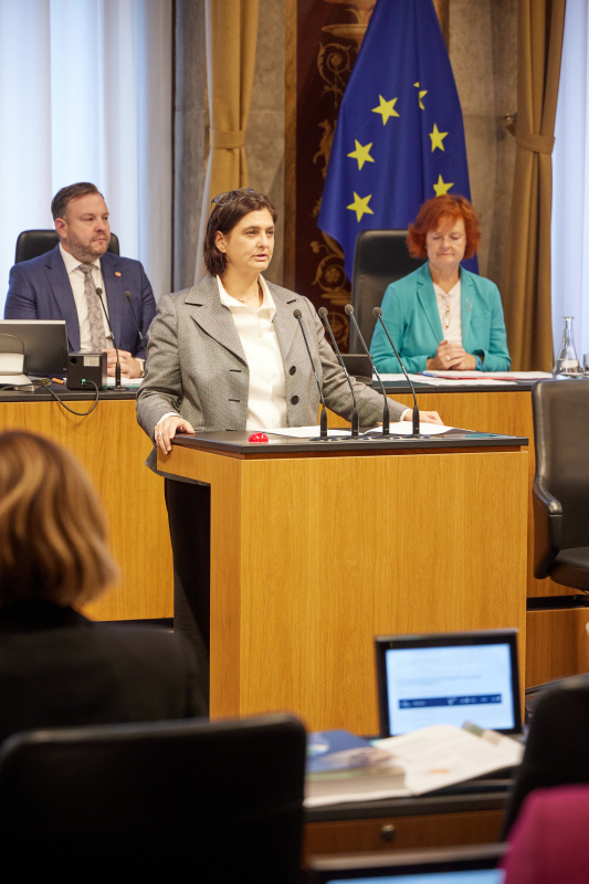 Am Redner:innenpult Bundesrätin Manuela-Anna Sumah-Vospernik (NEOS)