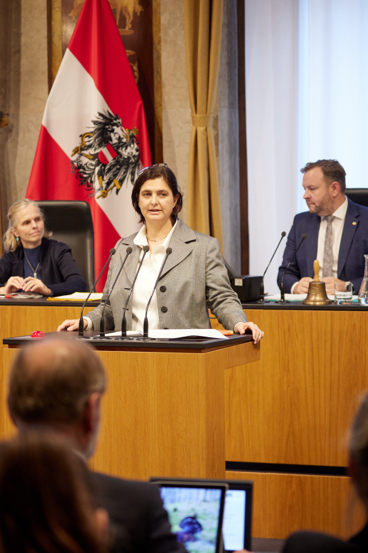 Am Redner:innenpult Bundesrätin Manuela-Anna Sumah-Vospernik (NEOS)