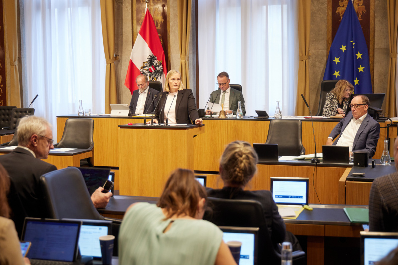 Am Redner:innenpult Bundesrätin Maria Huber (GRÜNE)