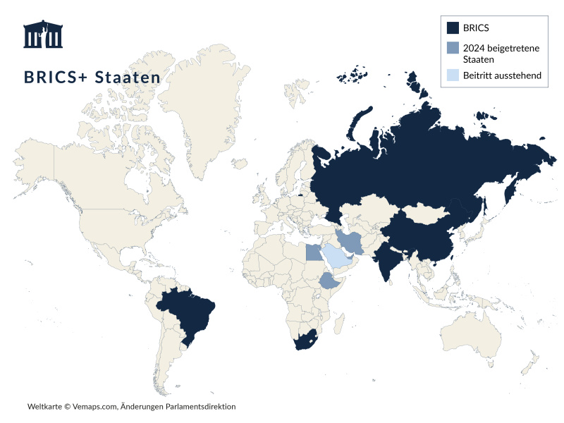 Darstellung der BRICS-Plus Mitgliedsstaaten, sowie noch ausstehende Einladungen