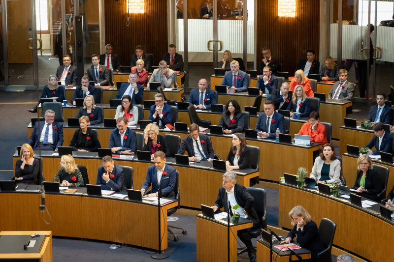Blick von oben Richtung Sitzungsteilnehmer:innen, Fraktion SPÖ
