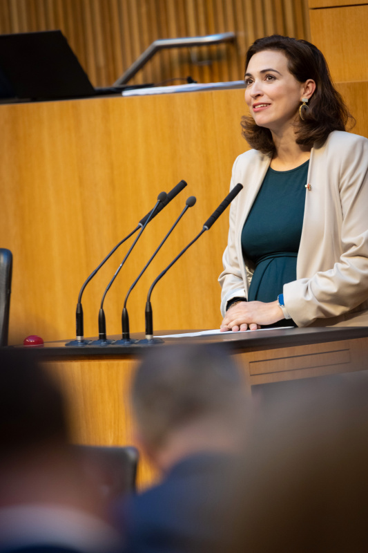 Am Redner:innenpult Justizministerin Alma Zadic (GRÜNE)