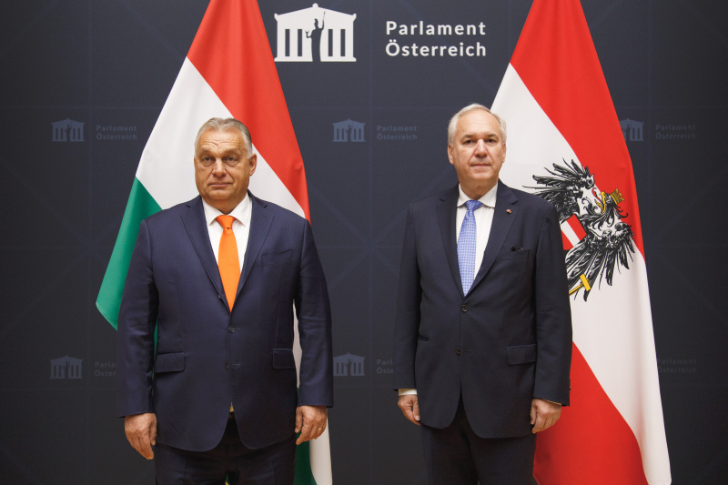 Fahnenfoto. Von rechts: Nationalratspräsident Walter Rosenkranz (FPÖ), Ministerpräsident Ungarns Viktor Orbán