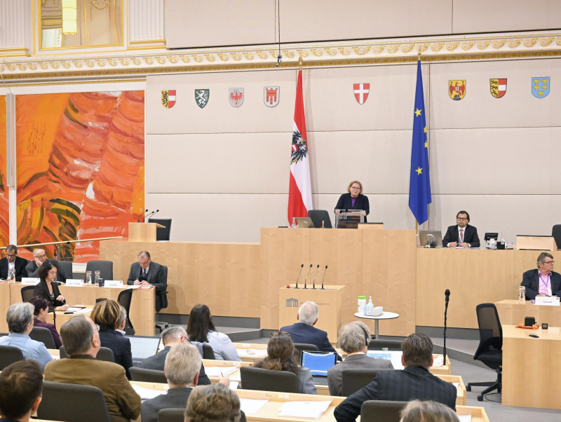 Eröffnungsworte: Bundesratspräsidentin Korinna Schumann (SPÖ). Blick Richtung Veranstaltungsteilnehmer:innen