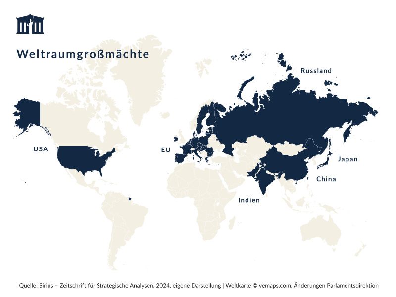Karte der Weltraumgroßmächte: USA, Russland, China, Indien, Japan und die EU