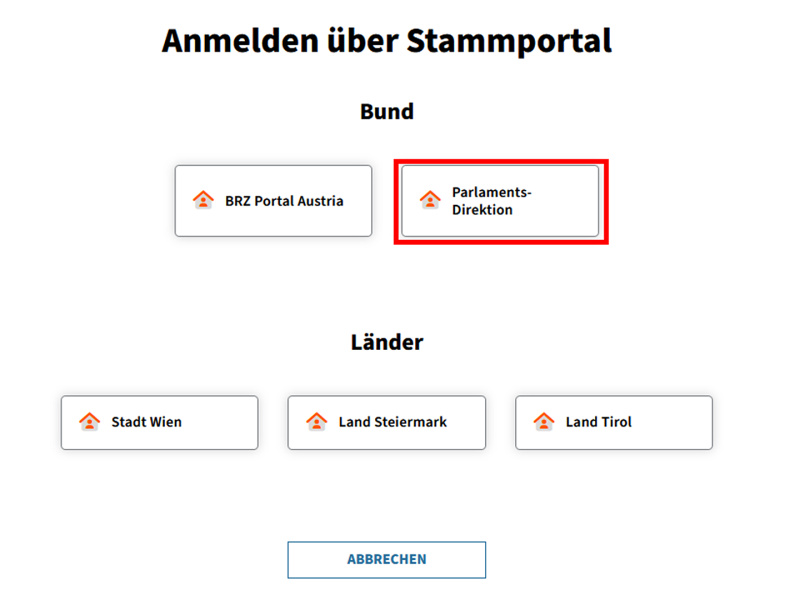 "Portal" Single Sign-on Anmeldung über das Stammportal der Parlamentsdirektion
