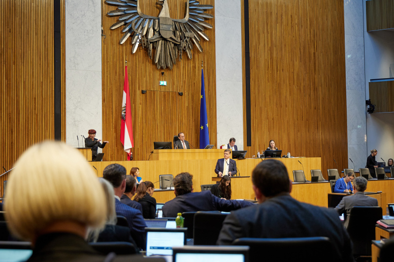 Am Redner:innenpult Nationalratsabgeordneter Valentin Dengler (NEOS)