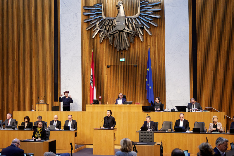 Am Redner:innenpult Nationalratsabgeordnete Martina von Künsberg Sarre (NEOS)