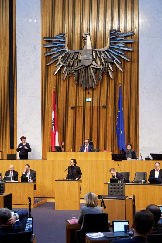 Am Redner:innenpult Nationalratsabgeordnete Martina von Künsberg Sarre (NEOS)