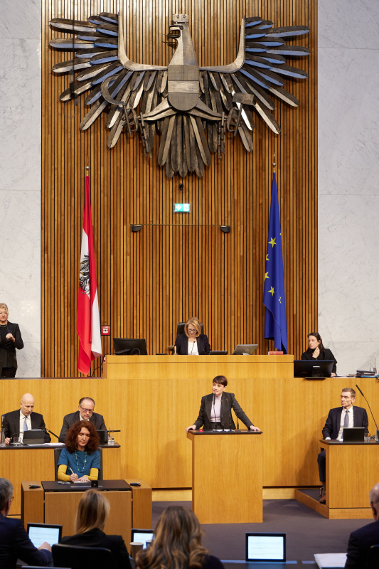 Am Redner:innenpult Klubobfrau Sigrid Maurer (GRÜNE)