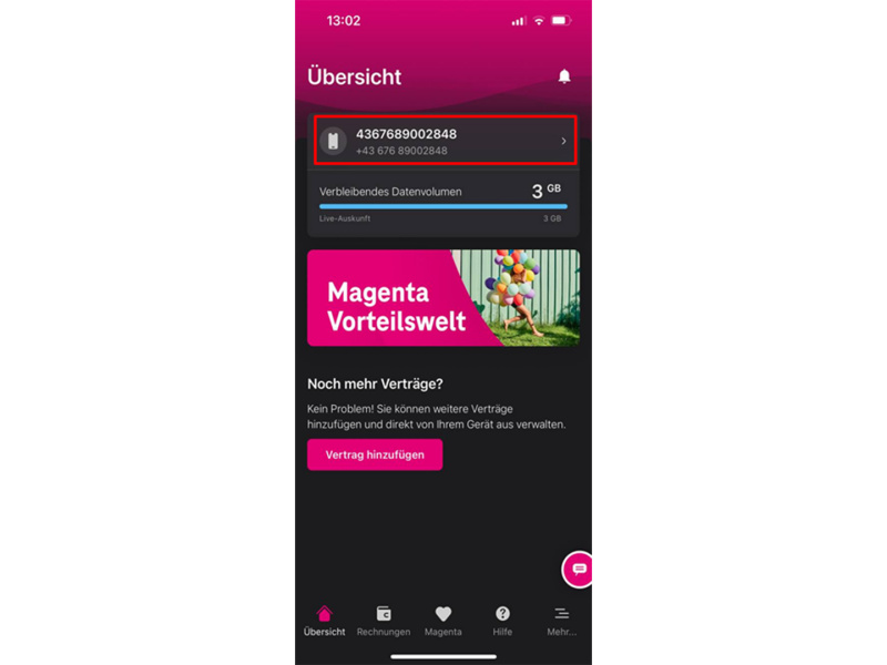 Öffnen der "Mein Magenta" App / Rufnummer auswählen