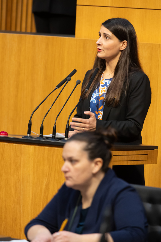 Am Redner:innenpult Nationalratsabgeordnete Meri Disoski (GRÜNE)