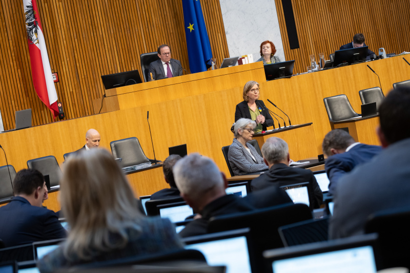 Am Redner:innenpult Infrastrukturministerin Leonore Gewessler (GRÜNE). Zweiter Nationalratspräsident Peter Haubner (ÖVP) am Präsidium. Auf der Regierungsbank Bundesminister für Arbeit Martin Kocher (ÖVP)