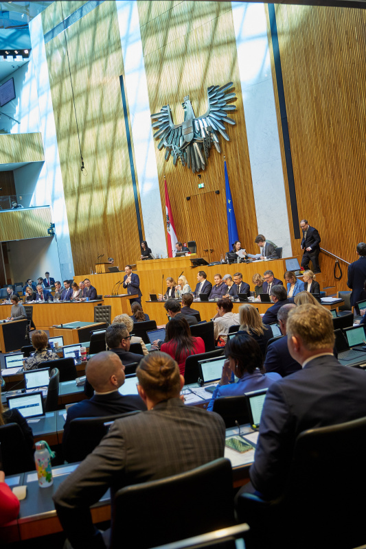 Am Redner:innenpult Klubvorsitzender Philip Kucher (SPÖ). Regierungsbank von rechts: Staatssekretärin für Kunst und Kultur Michaela Schmidt (SPÖ), Staatssekretärin für Finanzen Barbara Eibinger-Miedl (ÖVP), Staatssekretär für Staatsschutz Jörg Leichtfried (SPÖ), Wissenschaftsministerin Eva Maria Holzleitner (SPÖ), Wirtschaftsminister Wolfgang Hattmannsdorfer (ÖVP), Justizministerin Anna Sporrer (SPÖ), Gesundheitsministerin Korinna Schumann (SPÖ), Landwirtschaftsminister Norbert Totschnig (ÖVP), Verteidigungsministerin Claudia Tanner (ÖVP), Außenministerin Beate Meinl-Reisinger (NEOS), Vizekanzler Andreas Babler (SPÖ), Innenminister Gerhard Karner (ÖVP), Familienministerin Claudia Plakolm (ÖVP), Bildungsminister Christoph Wiederkehr (NEOS), Verkehrsminister Peter Hanke (SPÖ), Finanzminister Markus Marterbauer (SPÖ), Staatssekretärin für Gesundheit Königsberger-Ludwig (SPÖ), Staatssekretärin für Wirtschaft Elisabeth Zehetner-Piewald (ÖVP), Staatssekretär für Deregulierung Josef Schellhorn (NEOS). Am Präsidium Zweiter Nationalratspräsident Peter Haubner (ÖVP)