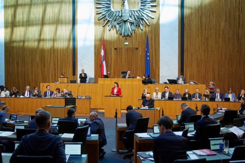 Am Redner:innenpult Nationalratsabgeordnete Karoline Edstadler (ÖVP). Regierungsbank von rechts: Staatssekretärin für Kunst und Kultur Michaela Schmidt (SPÖ), Staatssekretärin für Finanzen Barbara Eibinger-Miedl (ÖVP), Staatssekretär für Staatsschutz Jörg Leichtfried (SPÖ), Wissenschaftsministerin Eva Maria Holzleitner (SPÖ), Wirtschaftsminister Wolfgang Hattmannsdorfer (ÖVP), Justizministerin Anna Sporrer (SPÖ), Gesundheitsministerin Korinna Schumann (SPÖ), Landwirtschaftsminister Norbert Totschnig (ÖVP), Verteidigungsministerin Claudia Tanner (ÖVP), Außenministerin Beate Meinl-Reisinger (NEOS), Innenminister Gerhard Karner (ÖVP), Familienministerin Claudia Plakolm (ÖVP), Bildungsminister Christoph Wiederkehr (NEOS), Verkehrsminister Peter Hanke (SPÖ), Finanzminister Markus Marterbauer (SPÖ), Staatssekretärin für Gesundheit Königsberger-Ludwig (SPÖ), Staatssekretärin für Wirtschaft Elisabeth Zehetner-Piewald (ÖVP). Am Präsidium Zweiter Nationalratspräsident Peter Haubner (ÖVP)