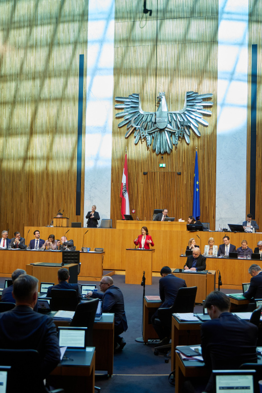 Am Redner:innenpult Nationalratsabgeordnete Karoline Edstadler (ÖVP). Regierungsbank von rechts: Gesundheitsministerin Korinna Schumann (SPÖ), Landwirtschaftsminister Norbert Totschnig (ÖVP), Verteidigungsministerin Claudia Tanner (ÖVP), Außenministerin Beate Meinl-Reisinger (NEOS), Innenminister Gerhard Karner (ÖVP), Familienministerin Claudia Plakolm (ÖVP), Bildungsminister Christoph Wiederkehr (NEOS), Verkehrsminister Peter Hanke (SPÖ), Finanzminister Markus Marterbauer (SPÖ). Am Präsidium Zweiter Nationalratspräsident Peter Haubner (ÖVP)