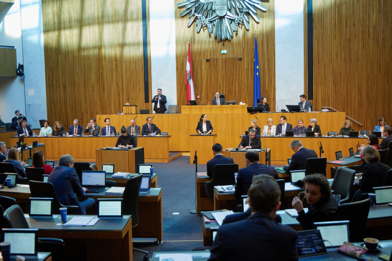 Am Redner:innenpult Nationalratsabgeordnete Julia Elisabeth Herr (SPÖ). Regierungsbank von rechts: Staatssekretärin für Finanzen Barbara Eibinger-Miedl (ÖVP), Wissenschaftsministerin Eva Maria Holzleitner (SPÖ), Wirtschaftsminister Wolfgang Hattmannsdorfer (ÖVP), Justizministerin Anna Sporrer (SPÖ), Gesundheitsministerin Korinna Schumann (SPÖ), Landwirtschaftsminister Norbert Totschnig (ÖVP), Verteidigungsministerin Claudia Tanner (ÖVP), Außenministerin Beate Meinl-Reisinger (NEOS), Innenminister Gerhard Karner (ÖVP), Bildungsminister Christoph Wiederkehr (NEOS), Verkehrsminister Peter Hanke (SPÖ), Finanzminister Markus Marterbauer (SPÖ), Staatssekretärin für Gesundheit Königsberger-Ludwig (SPÖ), Staatssekretärin für Wirtschaft Elisabeth Zehetner-Piewald (ÖVP). Am Präsidium Zweiter Nationalratspräsident Peter Haubner (ÖVP)