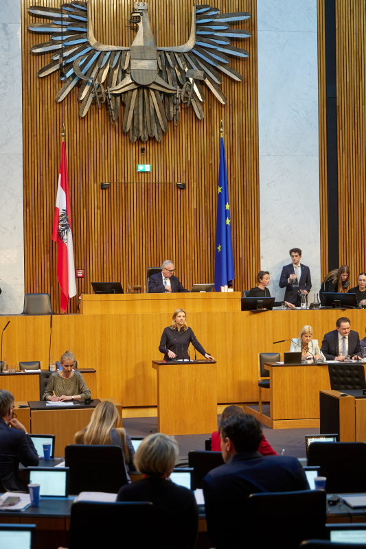 Am Redner:innenpult Nationalratsabgeordnete Barbara Teiber (SPÖ)