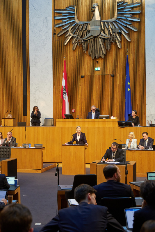 Am Redner:innenpult Nationalratsabgeordnete Susanne Raab (ÖVP)