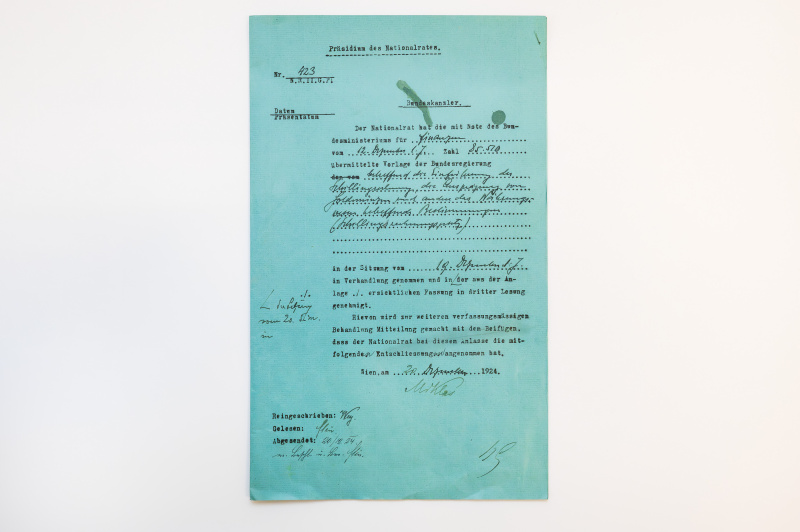 Konzept des Schreibens des Präsidiums des Nationalrates an den Bundeskanzler vom 20. Dezember 1924