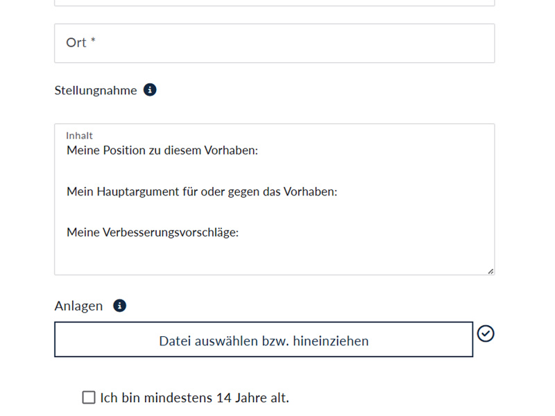 Diese drei Felder können, müssen nicht ausgefüllt werden. Sie dienen als Anhaltspunkt dafür, welche Inhalte den Stellungnehmenden im Rahmen des Begutachtungsverfahrens besonders interessieren. 