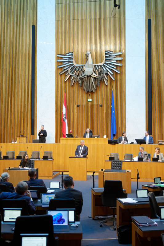 Am Redner:innenpult: Nationalratsabgeordneter Maximilian Linder (FPÖ)