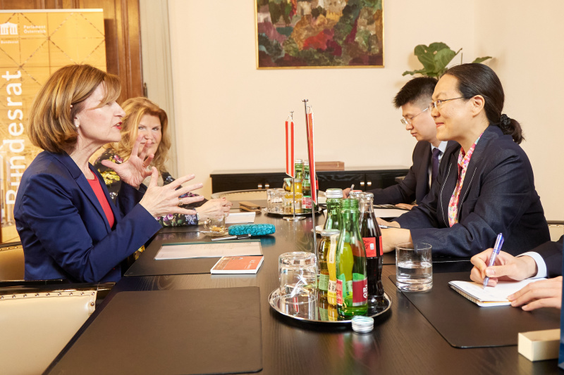 Aussprache. Linke Seite österreichische Delegation mit Bundesratspräsidentin Andrea Eder-Gitschthaler (ÖVP), rechte Seite Delegation aus China mit Botschafterin der Volksrepublik China in der Republik Österreich