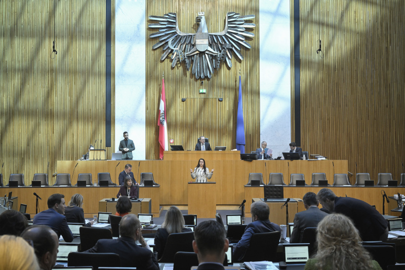 Am Redner:innenpult: Nationalratsabgeordnete Muna Duzdar (SPÖ)