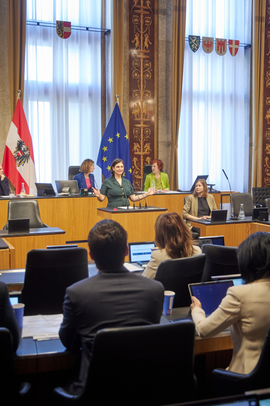 Am Redner:innenpult: Bundesrätin Manuela-Anna Sumah-Vospernik (NEOS)