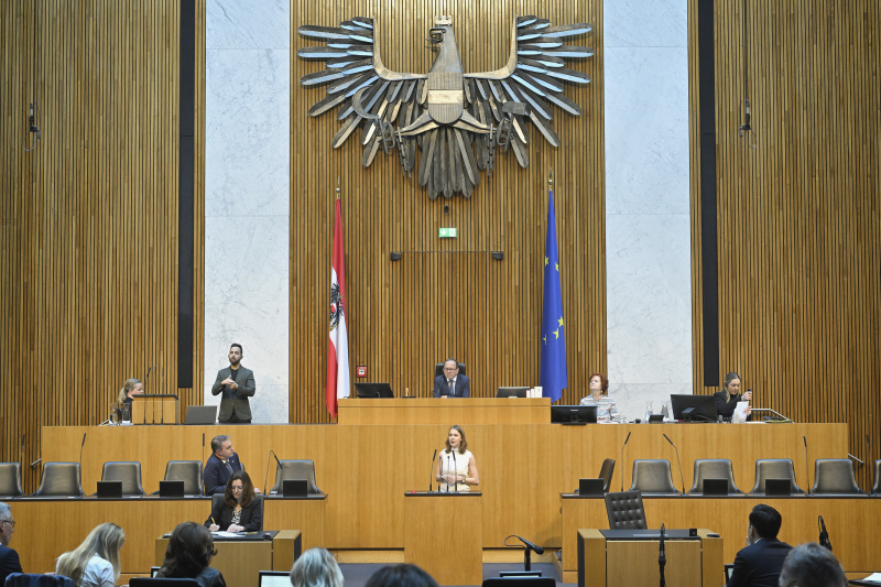 Am Redner:innenpult: Abgeordnete zum Europäischen Parlament Anna Stürgkh (NEOS). Blick Richtung Sitzungsteilnehmer:innen