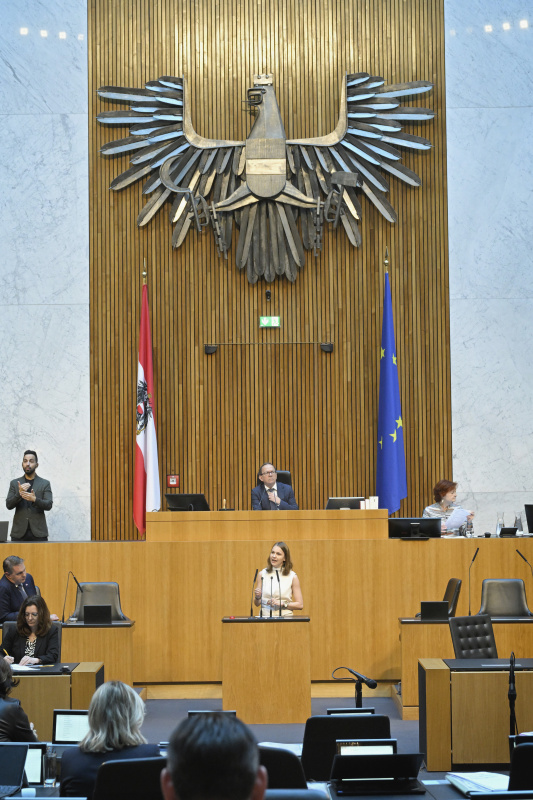 Am Redner:innenpult: Abgeordnete zum Europäischen Parlament Anna Stürgkh (NEOS). Blick Richtung Sitzungsteilnehmer:innen