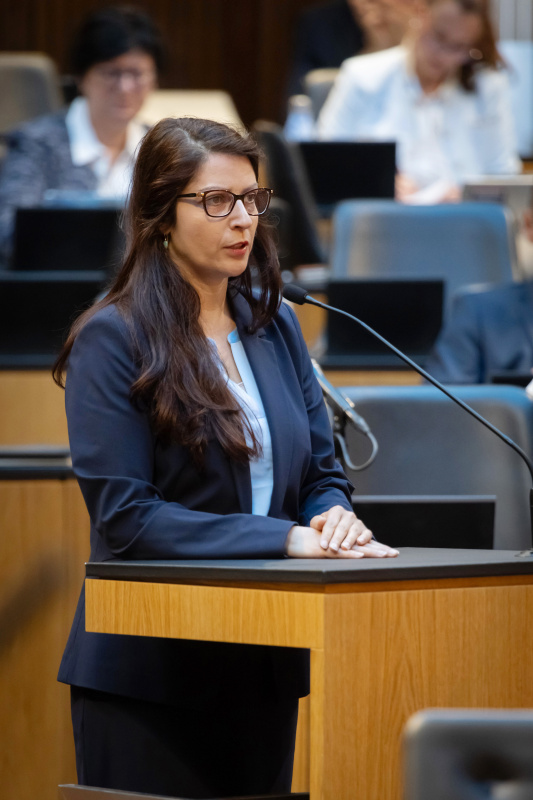 Am Redner:innenpult Nationalratsabgeordnete Muna Duzdar (SPÖ)