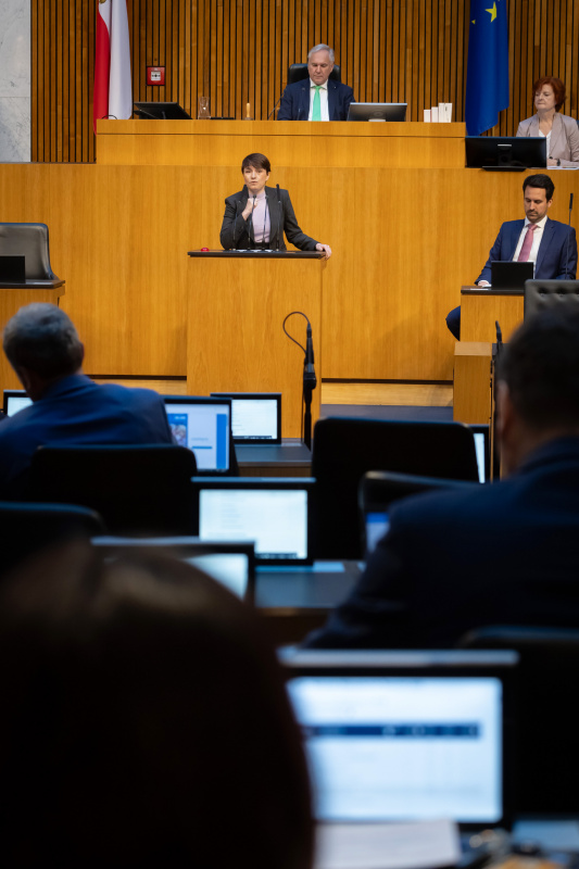 Am Redner:innenpult Klubobfrau Sigrid Maurer (GRÜNE). Nationalratspräsident Walter Rosenkranz (FPÖ) am Präsidium. Auf der Regierungsbank Bildungsminister Christoph Wiederkehr (NEOS)
