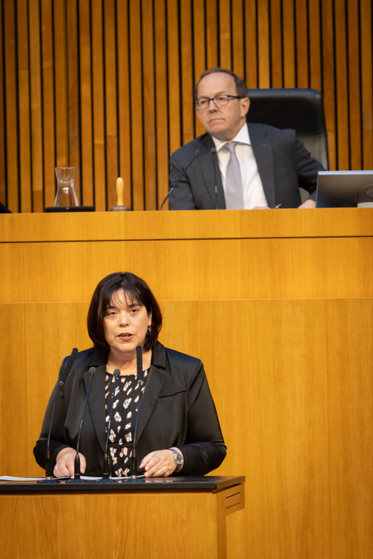 Am Redner:innenpult Nationalratsabgeordnete Agnes Totter (ÖVP). Zweiter Nationalratspräsident Peter Haubner (ÖVP) am Präsidium