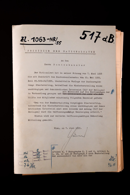 Beschluss der Genehmigung des Staatsvertrags im Nationalrat am 7.6.1955