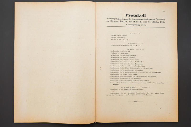 Geheime Sitzung des Nationalrats am 29. und 30. Oktober 1946 mit Resolutionsantrag für die Freiheit und Unabhängigkeit Österreichs: