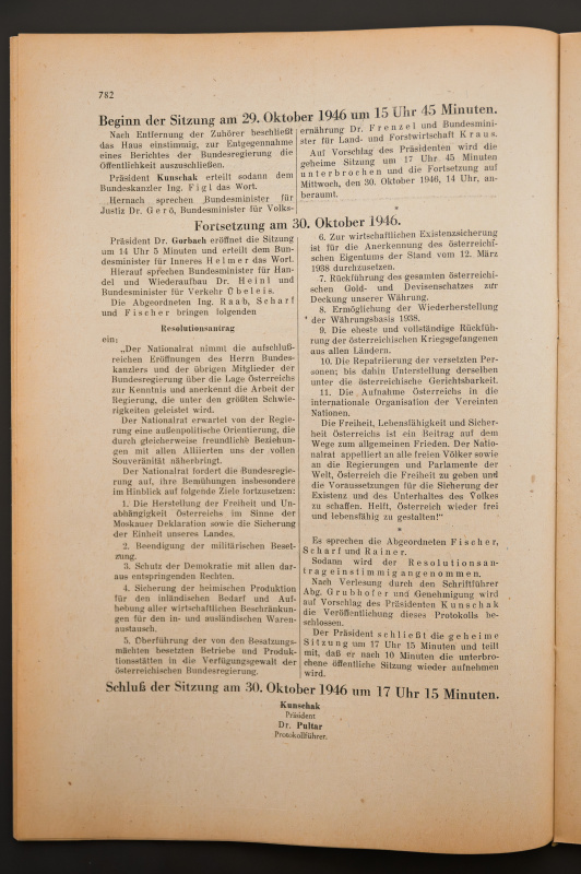 Geheime Sitzung des Nationalrats am 29. und 30. Oktober 1946 mit Resolutionsantrag für die Freiheit und Unabhängigkeit Österreichs: