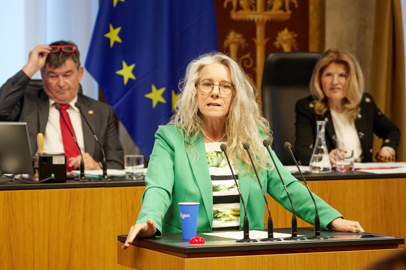 Am Redner:innenpult: Bundesrätin Simone Jagl (GRÜNE)