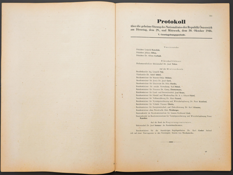 Geheime Sitzung des Nationalrats am 29. und 30. Oktober 1946 mit Resolutionsantrag für die Freiheit und Unabhängigkeit Österreichs: