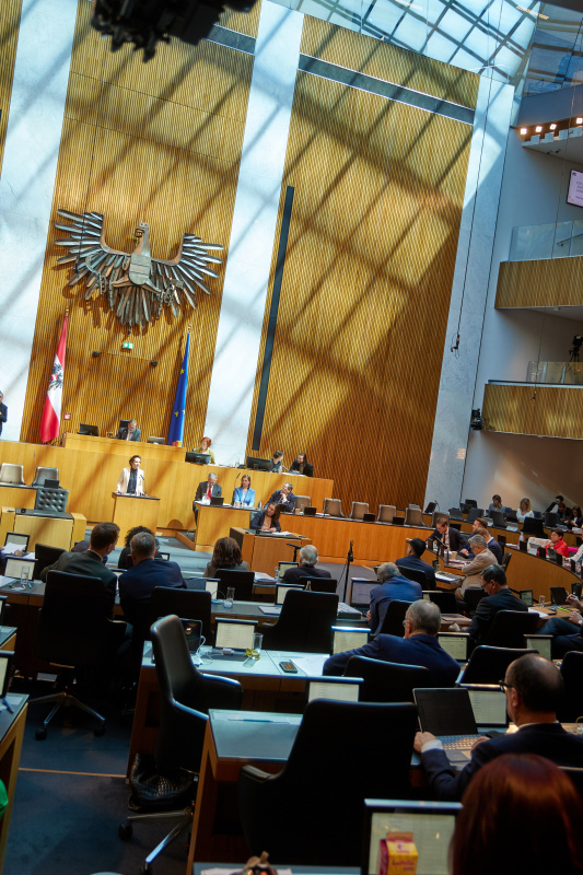 Am Redner:innenpult: Nationalratsabgeordnete Martina von Künsberg Sarre (NEOS)